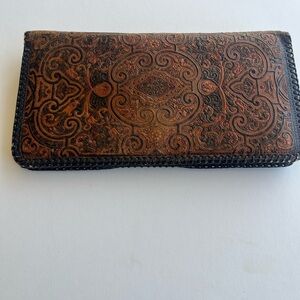 Leather Tooled Wallet Clutch in Brown